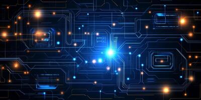 Futuristic Tech Background, Flowing Pattern of Blue Digital Circuits, Bright Points of Light photo