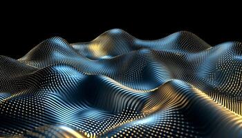 Abstract Digital Landscape. Blue And Golden Waves. Flowing Particles, Trendy 3D Background, photo