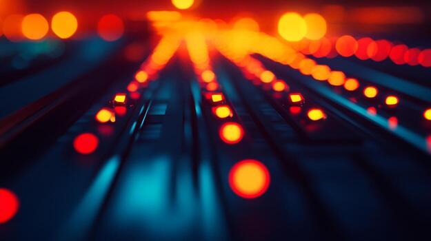 Abstract Blurred Bokeh Lights, Red and Orange Hues, on a Dark, Music Mixing Board with Blue Tint photo