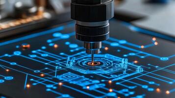 CNC Milling Machine Carving Complex Design on Circuit Board, Blue Lighting, Clean Environment photo