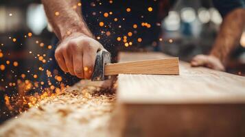 A person is using a hand saw to cut wood photo