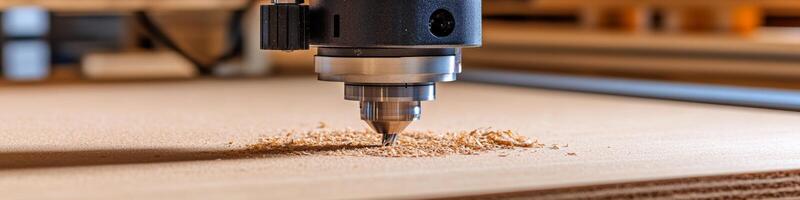 CNC Router Making Cut. Motion Blur On Tool. Sawdust. Workshop Environment. Digital Manufacturing. photo