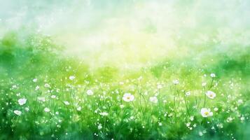 Soft Green Watercolor Background With Botanical Line Art, Flowers, Grass, Detailed, Soft, And Light photo