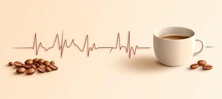 Coffee Beans Forming An EKG Heart Rate Line Along With A Coffee Cup, Minimalist Health Concept photo
