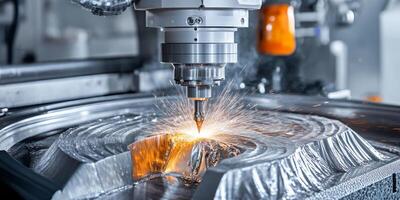 Close Up of a CNC Milling Machine Cutting Metal, Sparks Flying, Industrial Manufacturing photo