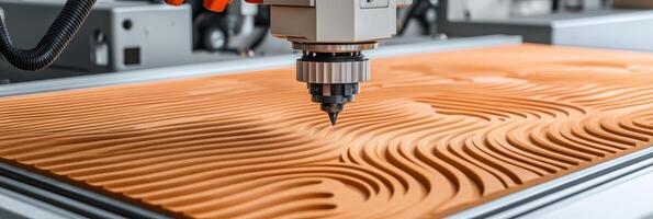 CNC Router Creating Intricate Pattern on Wood Surface Modern Woodworking and Automation. photo
