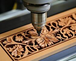 CNC Engraving Machine Carving Ornate Design Into Leather Material, Manufacturing And Craftsmanship photo