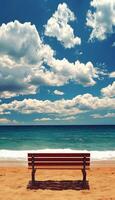 Serene Beach Escape Inviting Empty Bench with Azure Ocean and Picturesque Cloudscape photo