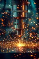 CNC Cutting Precision Milling Steel, Coolant Spray, and Extreme Focus with Bokeh Background photo