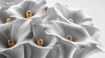 Elegant White Clay Floral Arrangement, Gold Accents, Textured Petals, Clean White Background photo
