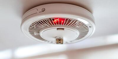 Modern Smoke Detector with Red Warning Light Activated on a White Ceiling, Home Safety Concept photo