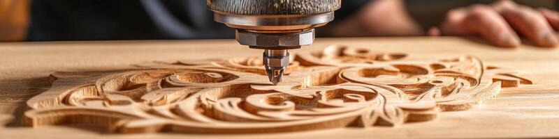 CNC Router Carving Intricate Design in Wood. Advertising the Speed and Efficiency of CNC Machining photo