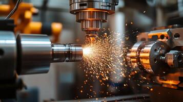 CNC Machining Titanium, Precision Sparks Fly in a High-Tech Metalworking Industry Factory. photo