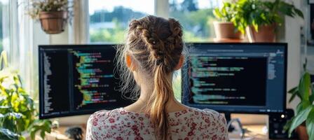 Woman Programming on Dual Monitors at Home Office, Software Developer Working Remotely photo