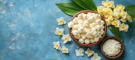 Bowls with Puffed Rice, Rice Flour and White Orchids Decoration. Healthy Breakfast Concept photo