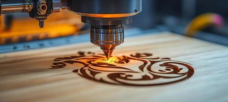 A cnc machine cutting a wooden piece with a dragon design photo