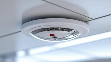 New Smoke Detector Mounted on White Ceiling Ensuring Home Safety with Modern Technology photo