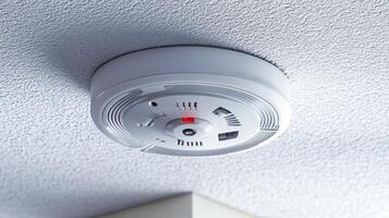 New home smoke and carbon monoxide detector mounted on textured ceiling Security safety concept. photo
