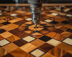 CNC Router Cutting Intricate Wooden Inlay, Woodworking Precision and Detail, Craftsmanship photo