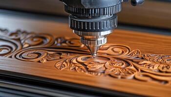 CNC Router Carving Ornate Floral Pattern on Wood Technology Meets Craftsmanship, Motion Blur photo