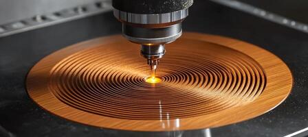 Close-Up, Overhead View of CNC Router Creating Ornate Circular Pattern on Wooden Surface photo