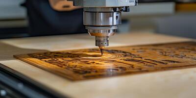 CNC Router Cutting Intricate Design in Wood, Demonstration of Technological Advancement photo
