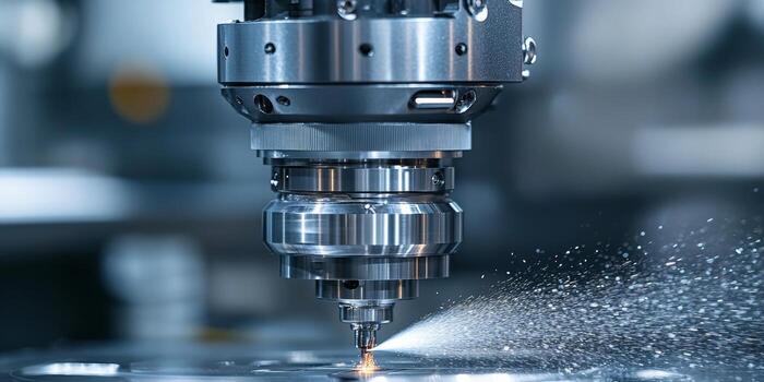 Close-up CNC Cutting Head in Action, Precisely Milling Metal with High-Pressure Coolant Spray photo