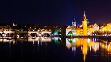 A breathtaking panoramic night view of Prague, featuring the illuminated Prague Castle, the historic Charles Bridge, and the serene Vltava River, creating a magical atmosphere in Prague. photo