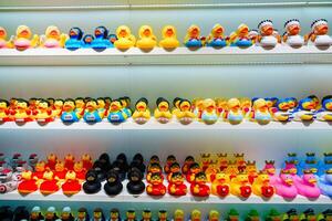 A vibrant assortment of colorful rubber ducks is artfully displayed on shelves in a playful store environment, inviting customers to explore and choose their favorite bath time buddy. photo
