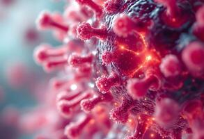 Detailed Microscopic View of Virus with Spikes and Red Glow photo