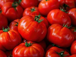 A bunch of red tomatoes are piled on top of each other photo