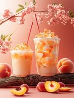 Two cups of a drink with ice and an orange slice in the middle photo