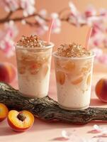 Two cups of a drink with ice and an orange slice in the middle photo