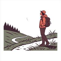 A man is walking in the woods with a backpack vector