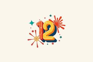 Logo Number Colorful 12th, 12th Happy Birthday or Anniversary with fireworks concept. Happiness and funny design concept. vector
