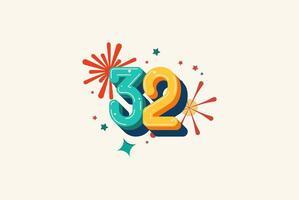 Logo Number Colorful 32th, 32th Happy Birthday or Anniversary with fireworks concept. Happiness and funny design concept. vector