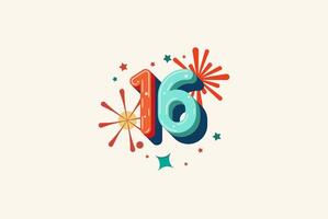 Logo Number Colorful 16th, 16th Happy Birthday or Anniversary with fireworks concept. Happiness and funny design concept. vector