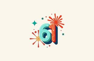 Logo Number Colorful 61th, 61th Happy Birthday or Anniversary with fireworks concept. Happiness and funny design concept. vector