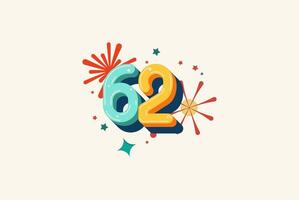 Logo Number Colorful 62th, 62th Happy Birthday or Anniversary with fireworks concept. Happiness and funny design concept. vector