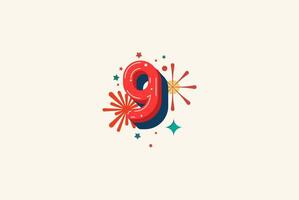Logo Number Colorful 9th, 9th Happy Birthday or Anniversary with fireworks concept. Happiness and funny design concept. vector