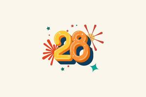 Logo Number Colorful 28th, 28th Happy Birthday or Anniversary with fireworks concept. Happiness and funny design concept. vector