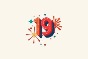 Logo Number Colorful 19th, 19th Happy Birthday or Anniversary with fireworks concept. Happiness and funny design concept. vector
