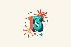 Logo Number Colorful 13th, 13th Happy Birthday or Anniversary with fireworks concept. Happiness and funny design concept. vector