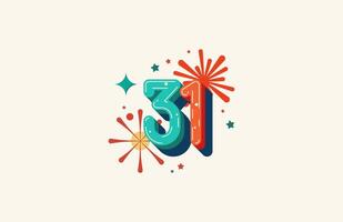 Logo Number Colorful 31th, 31th Happy Birthday or Anniversary with fireworks concept. Happiness and funny design concept. vector