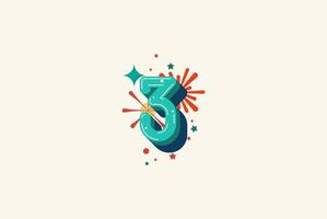 Logo Number Colorful 3th, 3th Happy Birthday or Anniversary with fireworks concept. Happiness and funny design concept. vector