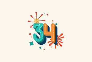 Logo Number Colorful 34th, 34th Happy Birthday or Anniversary with fireworks concept. Happiness and funny design concept. vector