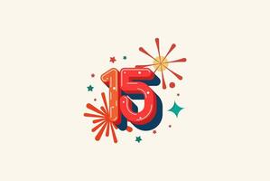 Logo Number Colorful 15th, 15th Happy Birthday or Anniversary with fireworks concept. Happiness and funny design concept. vector