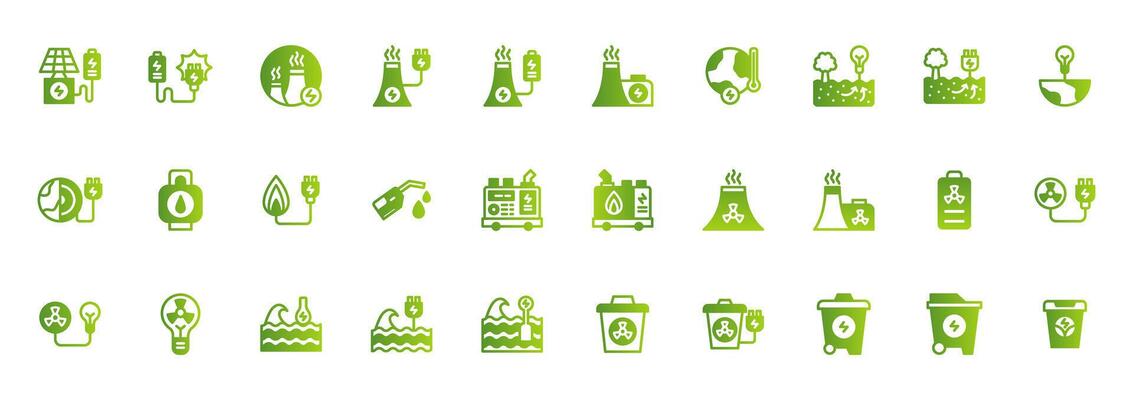 Icon set Renewable energy and power with solar energy, nuclear reactor power station, power plant industry, wave energy, geothermal energy and portable electric generator. Gradient color concept icon.