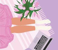Woman legs in tutu dress on the floor up view flat style with notebook, bouquet vector