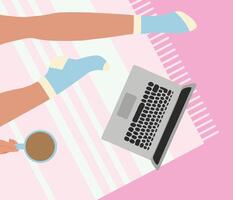 Woman legs on the floor up view flat style with notebook and cup of tea, coffee or cocoa vector
